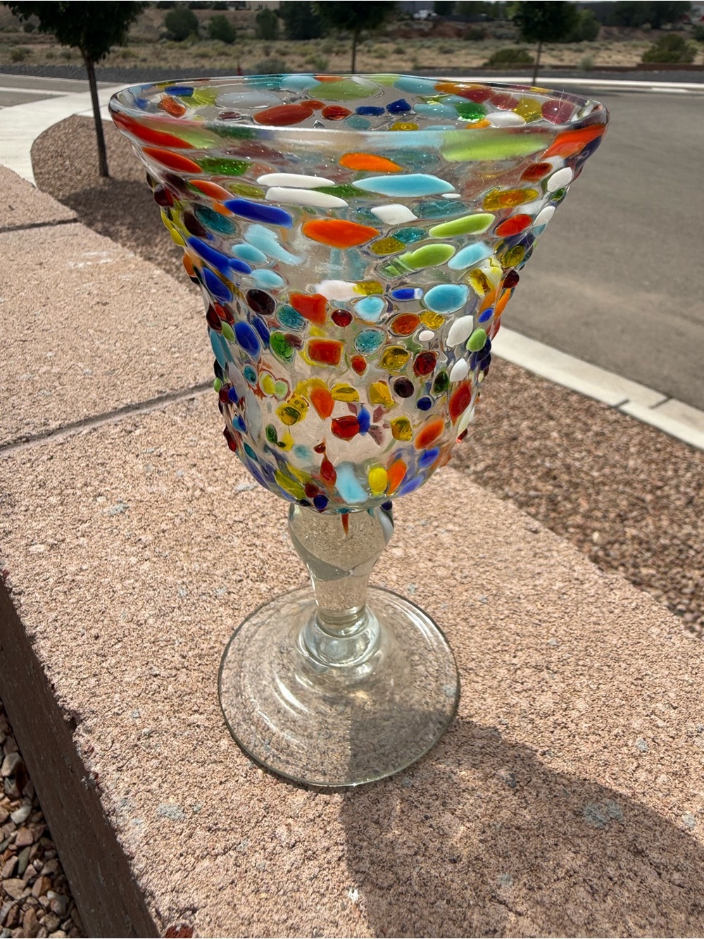 Vintage Hand Blown Mexican Confetti Art Glass Goblet, 7” Multicolor Fiesta Vase